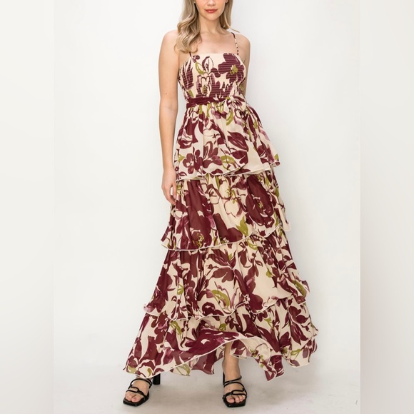 Floral Print  Multicolor Sleeveless Smocked Tiered Maxi Dress - Picture 3 of 5